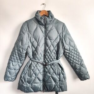 Eddie Bauer Puffer Coat Womens Medium Slate Blue Quilted Down Jacket Belted Cozy